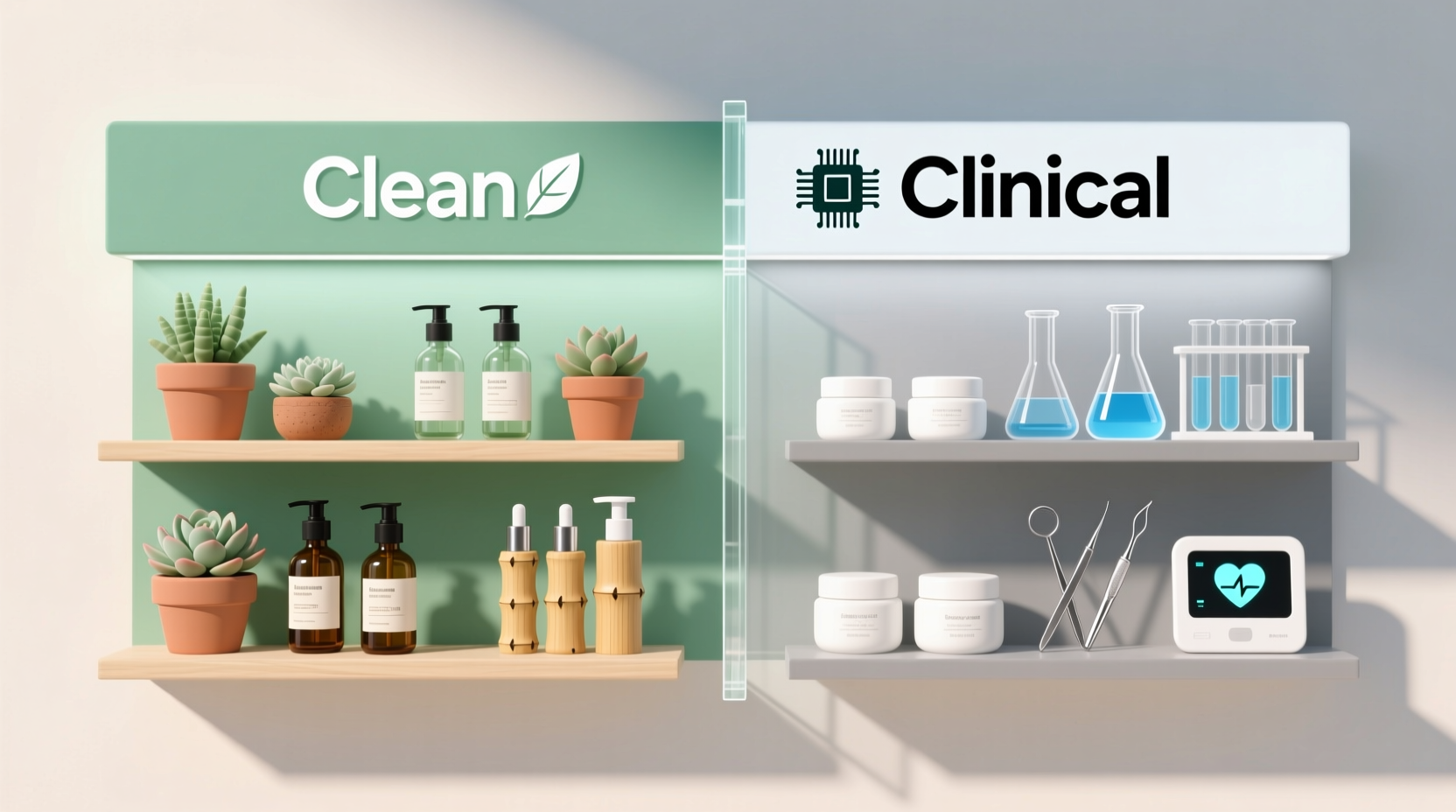 A bright, colorful banner showing two skincare shelves — one labeled “Clean” with plants, glass bottles, and earthy tones; the other labeled “Clinical” with lab beakers, white bottles, and science icons.