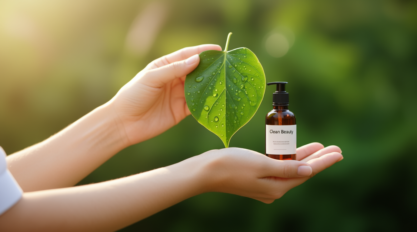 Close-up photo of hands holding a green leaf next to a bottle labeled “Clean Beauty,” with soft sunlight and dew drops on leaves.