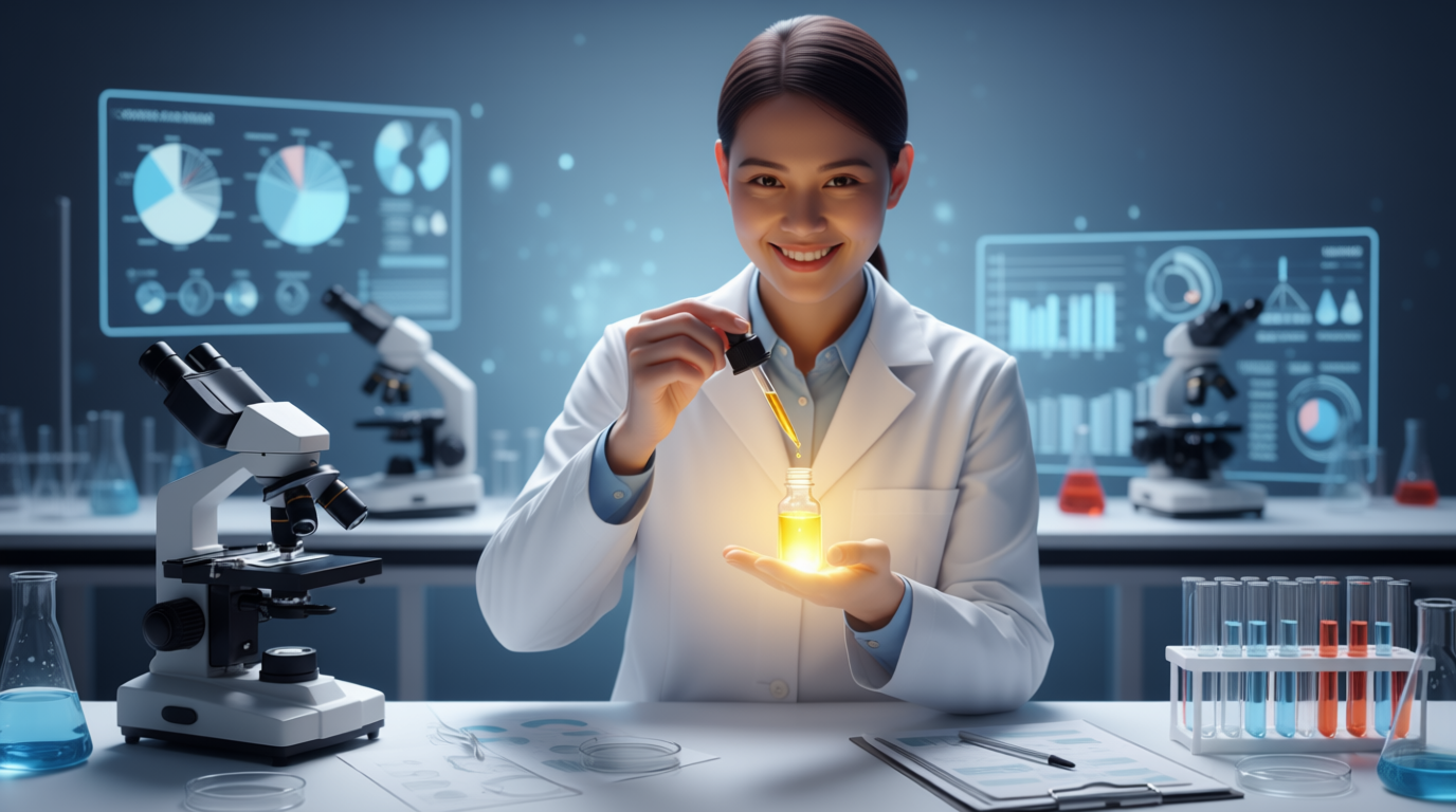 Lab scientist in white coat smiling while holding a dropper bottle with glowing serum. Background has microscopes, charts, and test tubes
