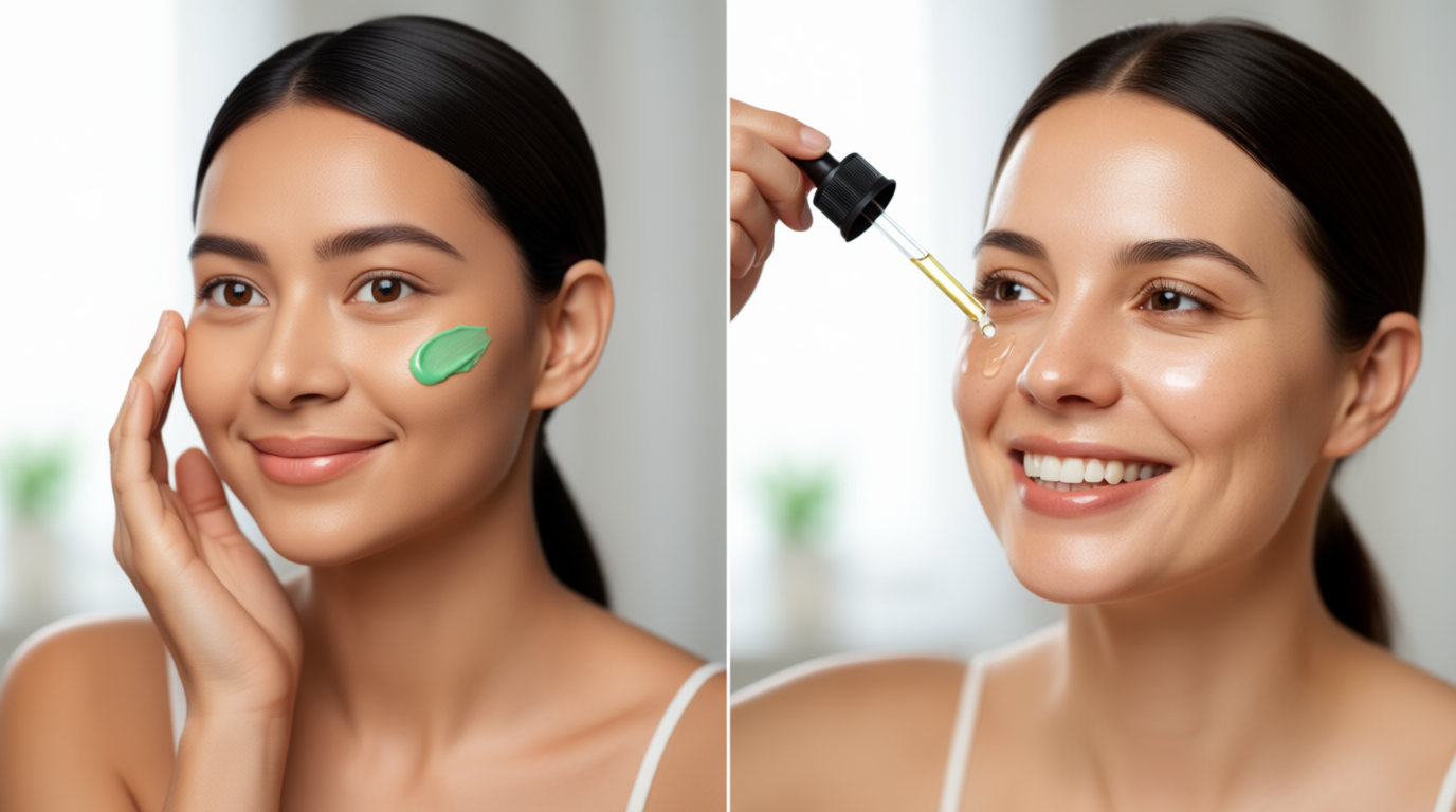 Split-screen image — left side shows a woman applying a green, natural cream; right side shows her using a serum with a dropper. Both sides have happy, glowing skin.