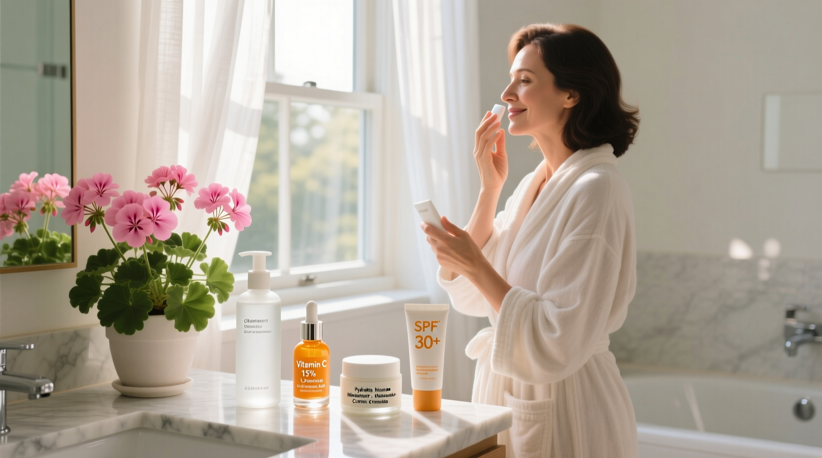 A bright, cheerful morning scene with a person applying sunscreen in front of a window with natural light. Products shown: cleanser, vitamin C serum, moisturizer, and SPF 30+.