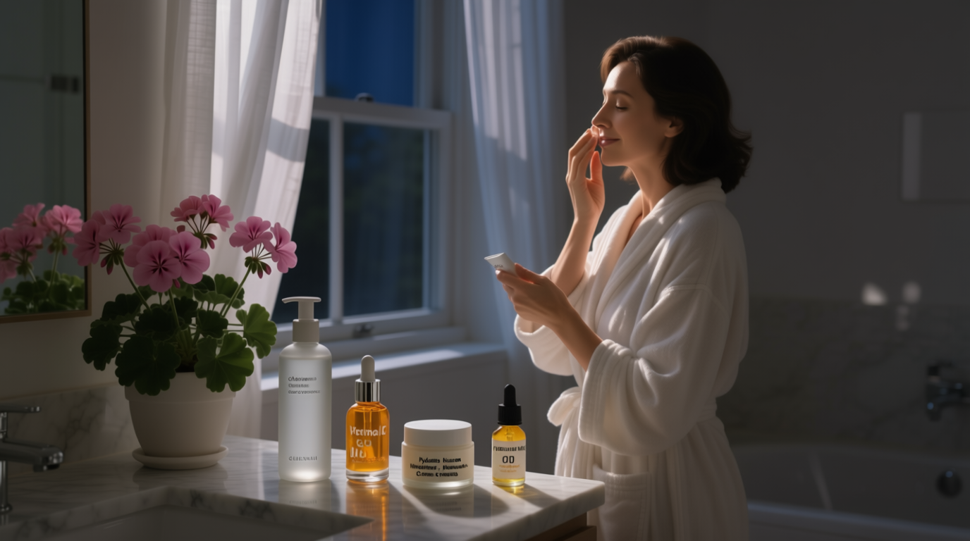 Image: A calm nighttime bathroom with soft lighting. A person pats on a night cream. Products shown: oil cleanser, retinol, and rich moisturizer.